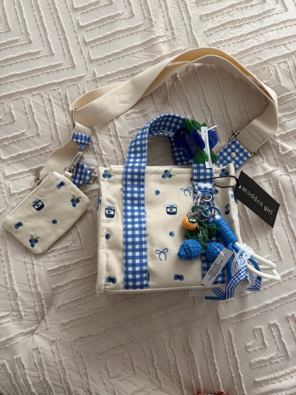 VIRAL Madden Girl Blueberries Canvas Crossbody Bag with Charm,hair clip,wristlet